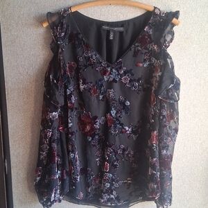 Whimsigoth Dark Floral Velvet Cold Shouler Blouse Sheer Sleeves WHBM Black XS